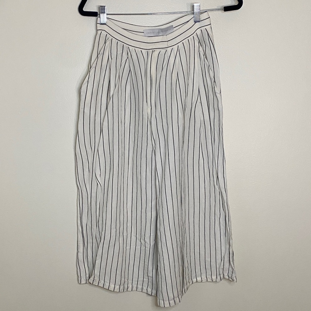 Christine Alcalay Pinstripe Striped Wide-Leg Cropped Capri Pants Black White 2